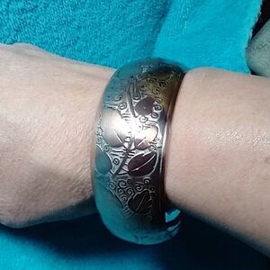 Brass Engraved leaf design large Bangle Bracelet vintage